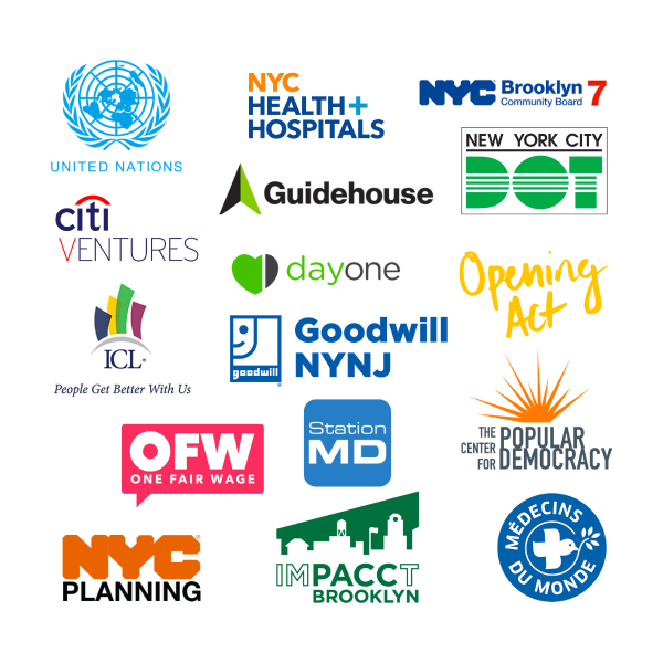 Capstone client logos: United Nations, NYC Health and Hospitals, NYC Brooklyn 7 Community Board, Citi Ventures, Guidehouse, New York City DOT, ICL People Get Better with Us, Day One, Opening Act, Goodwill NY NJ, One Fair Wage, Station MD, The Center for Popular Democracy, NYC Planning, IMPACCT Brooklyn, Medecins du Monde.