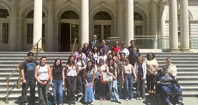 group of students in front of city hall