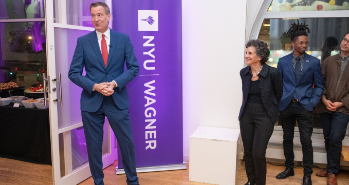 Bill de Blasio and Sherry Glied, dean of NYU Wagner