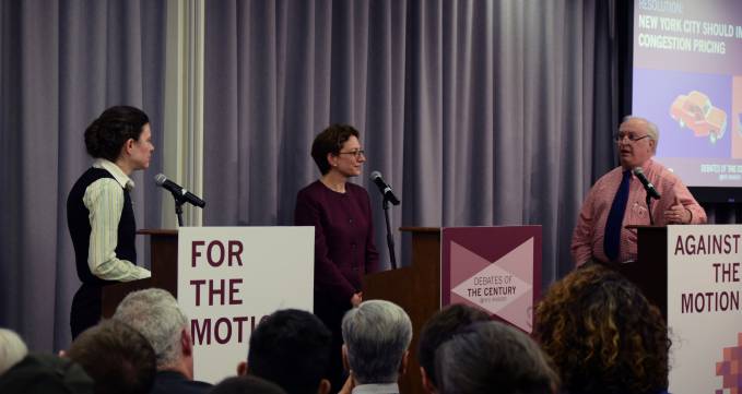 Nicole Gelinas (for the motion), moderator Polly Trottenberg, and Richard Brodsky (against the motion)